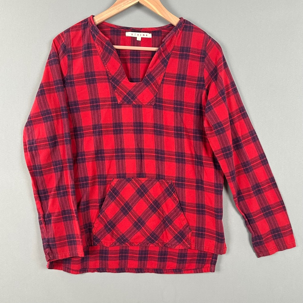 Xirena Red Plaid Pullover Popover Top‎ Small 100% Cotton Kangaroo Pocket USA